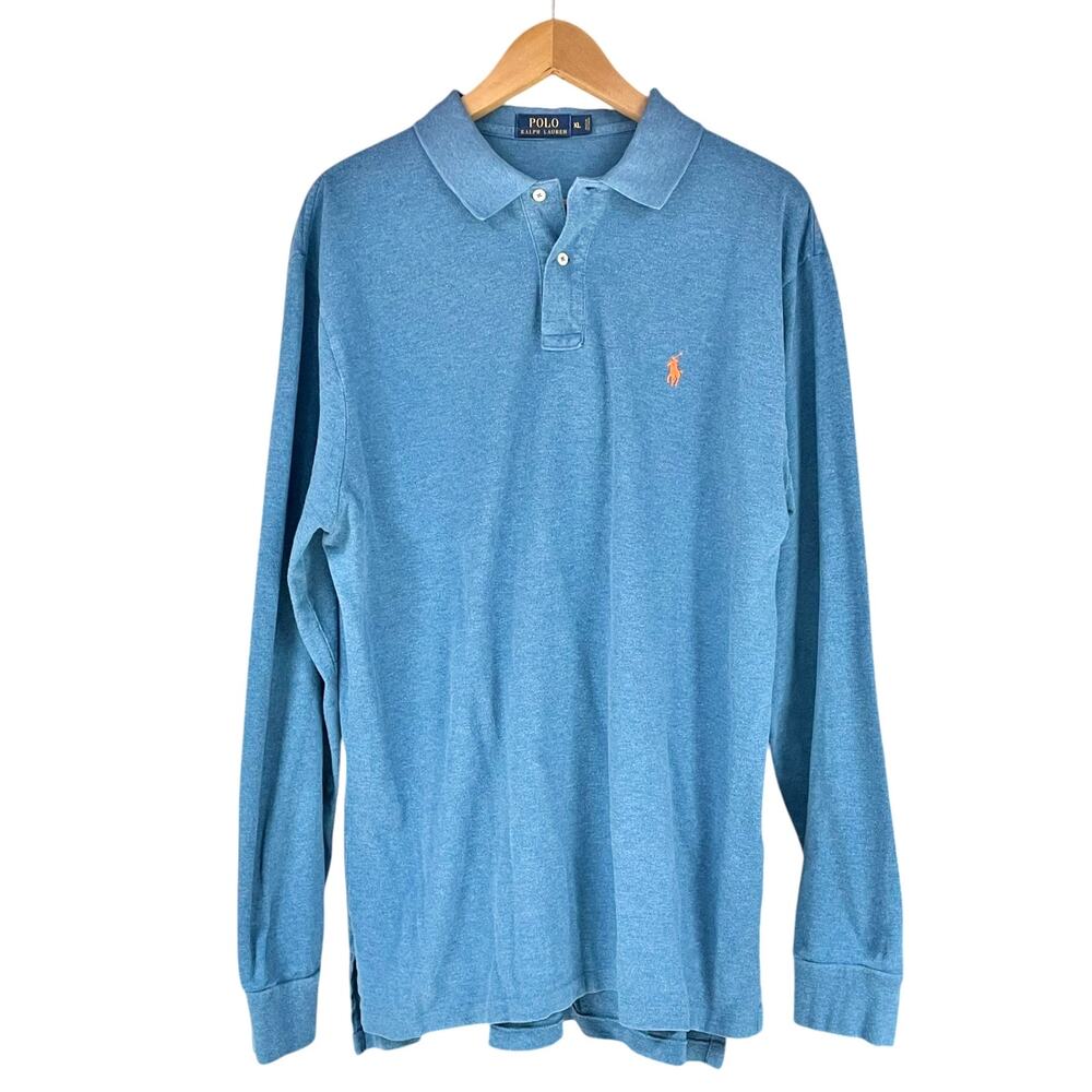 POLO RALPH LAUREN Blue Long-Sleeve Polo w/ Orange Embroidered Pony Logo Size XL